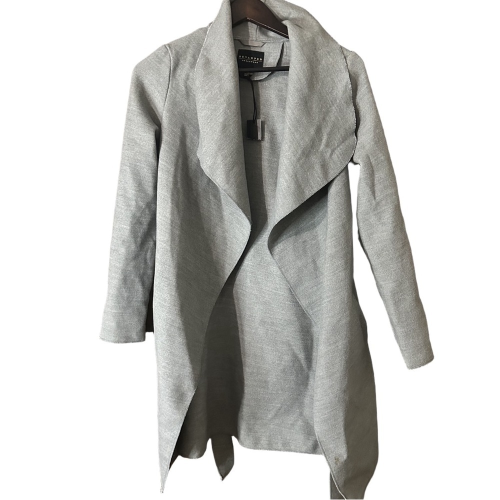 Revamped Grey Waterfall Collar Waist Tie Women's Coat Sz XS Cozy Fall Academia